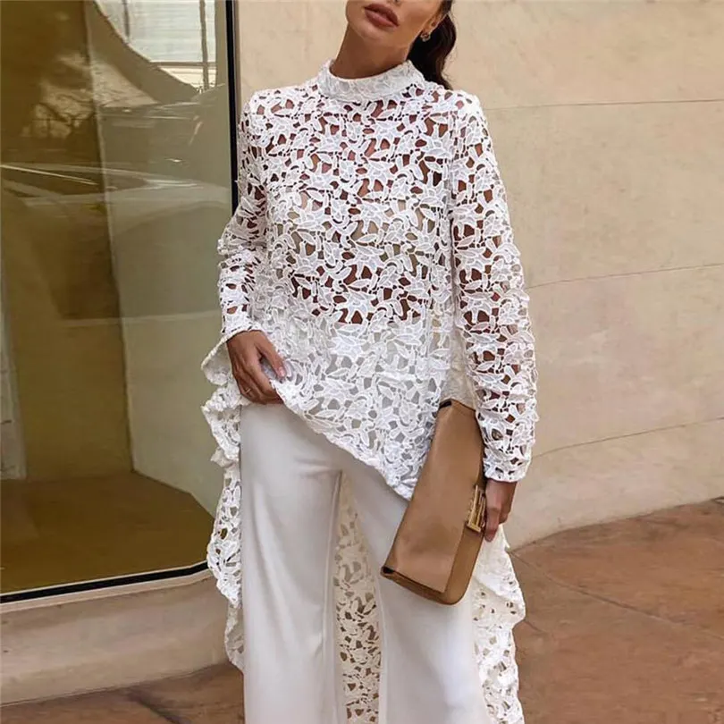 Fashion  Women Summer Lace Hollow Out Shirt Long Sleeve Irregular Tops Casual Daily Blouses Elegant Roll Sleeve Tops #4F11  (3)