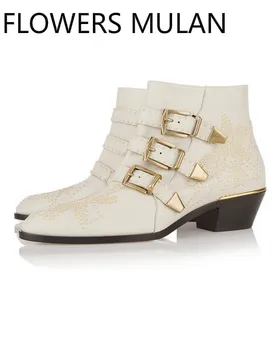 

punk style women real leather buckle rivet pointed toe ankle boots lady flat heel metal rock ankle boots motorcycle boot 35-42