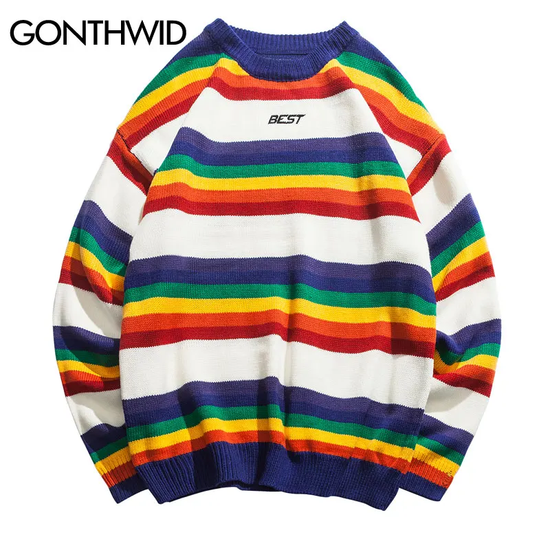

GONTHWID Harajuku Rainbow Striped Knitted Pullover Sweaters Men Hip Hop Patchwork Streetwear 2019 Male Fashion O-Neck Sweater