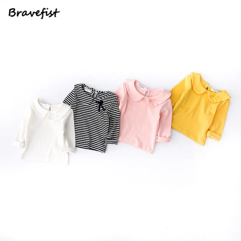 Baby Boys Girls T-shirt Cotton Long Sleeve Lotus Leaf Collar Baby Tops Bowknot Decorate Spring Autumn Solid Striped Infant Tees