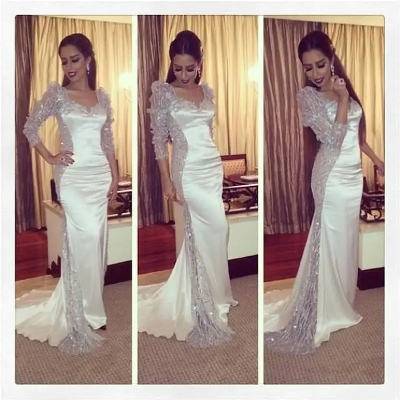 Dubai Arabic Shopping Mermaid Evening Dress Long Sleeve Beading Sweep