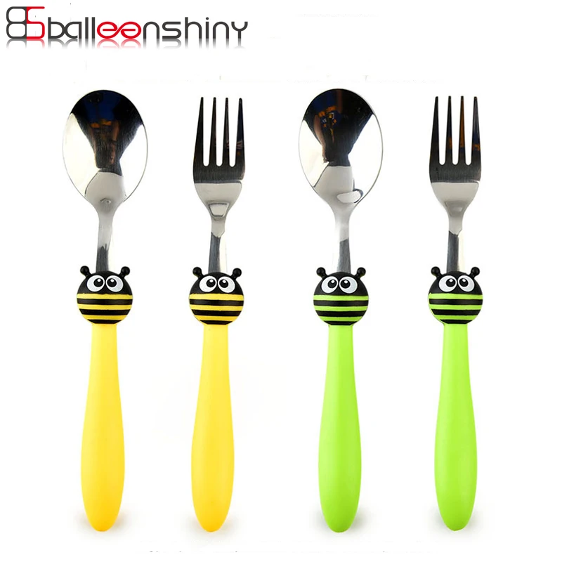 

BalleenShiny Cartoon Insect 2pcs/set Tableware Set Children Student Spoon Fork for Soup Rice Stainless Steel Kitchen Dinnerware