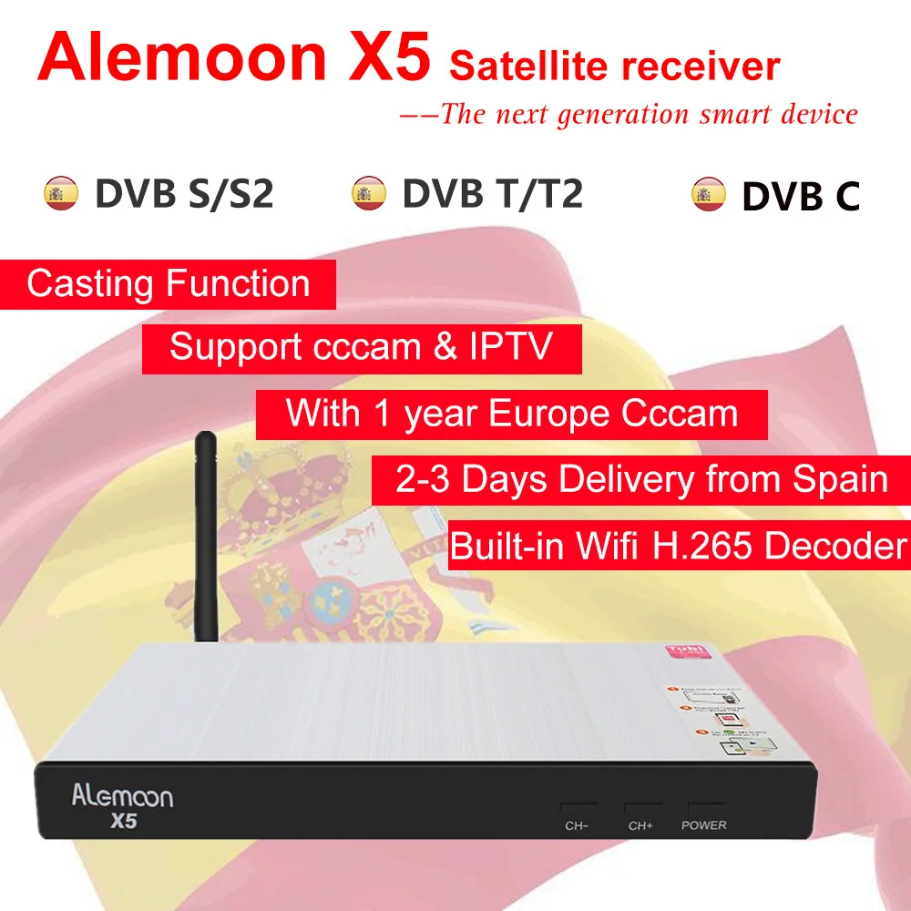

Alemoon X5 Support DVB-S2/T2/Cable WiFi H.265 Casting Screen IPTV Satellite Receiver Decoder+1 Year CCcam for Europe Set Top Box