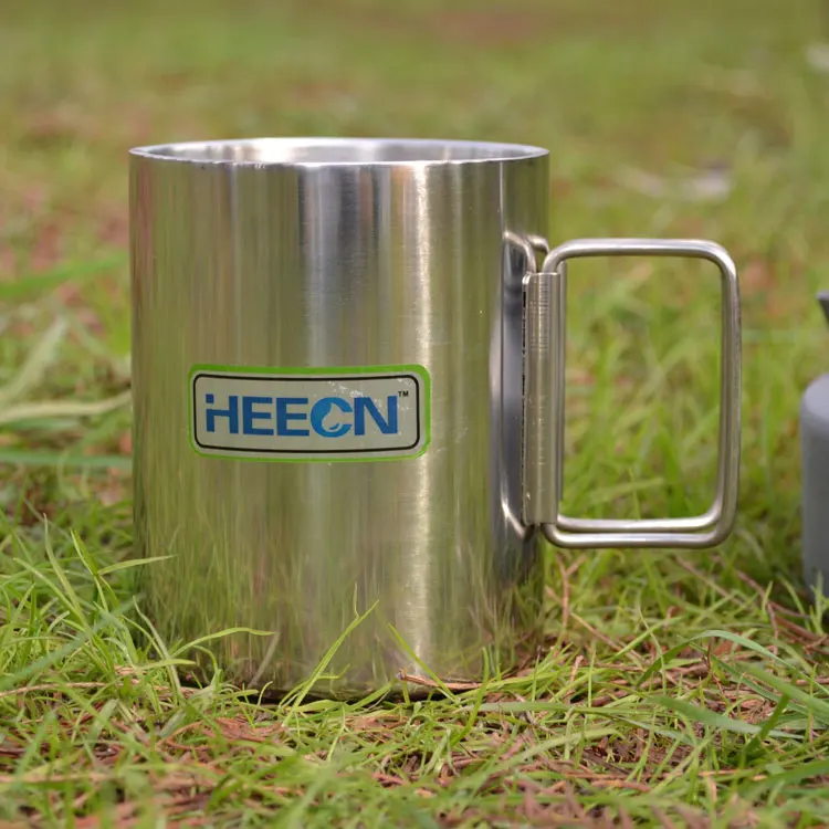 

free shiping Heecn large capacity outdoor stainless steel cup double layer stainless steel folding handle cup 450ml