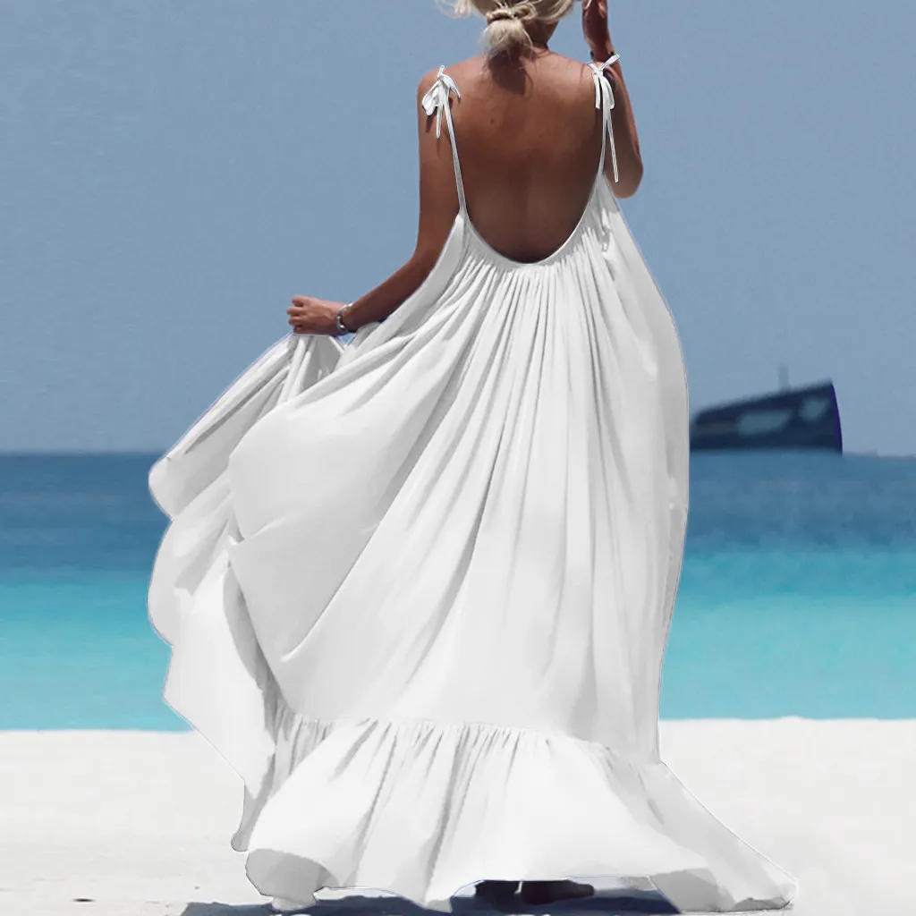 Летнее пляжное платье размера плюс, женское элегантное черное длинное платье на бретельках, женская одежда, женское платье с открытой спиной