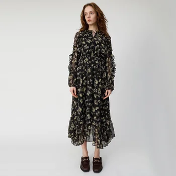 

Runway Designer 2019 Women Dress Elegant Floral Print Long Sleeve Female Maxi Dress Vintage Ruffles Vestidos
