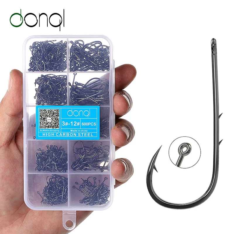 DONQL 200-600pcs/ Box Barbed Fishing Hooks 3#-12# Carp Single Fishihook Set Fly Fishing Accessories Carbon Steel Jig Sea Hooks