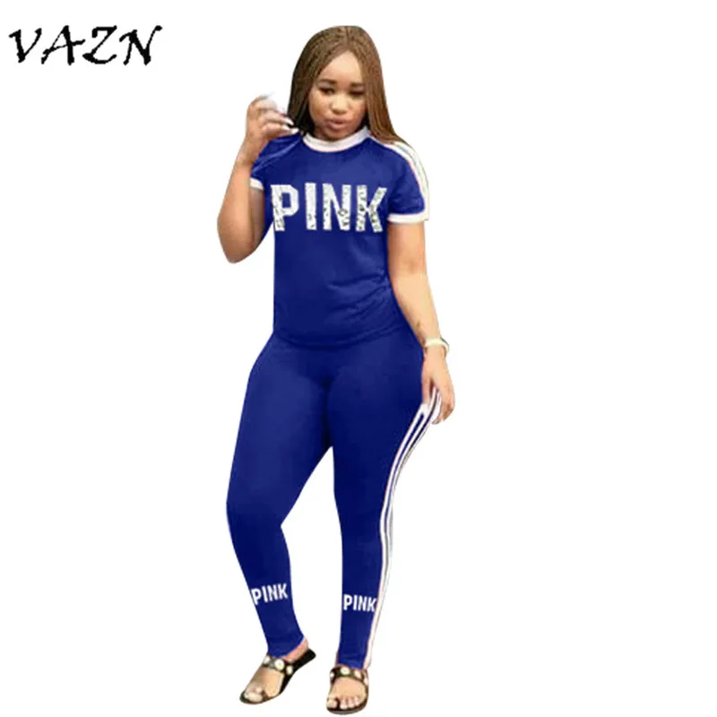 

VAZN New 2018 Brand High Quality 2 piece Set Women Solid Letters Short Sleeve O-Neck Long Pants Bodycon Set D8118