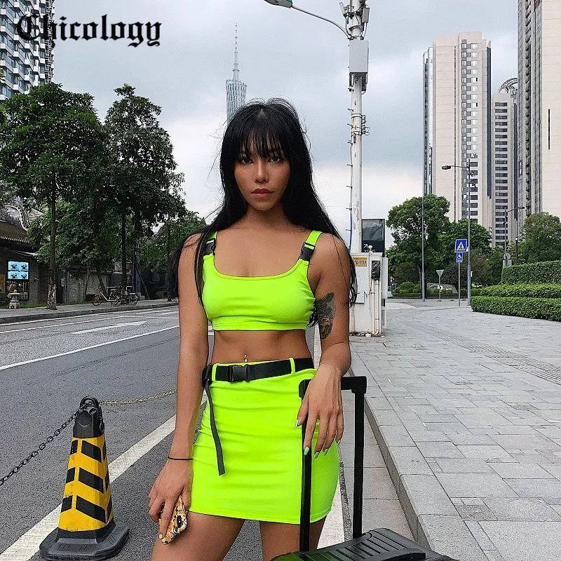 

Chicology neon buckle belt strap crop tank top mini skirt matching 2 piece set 2019 summer autumn women sexy two co ord clothes