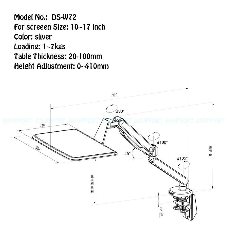 Супер качество Loctek W72 Full Motion 10-1" крепление для ноутбука, газовая пружина, подставка для сидения, подъемный держатель для ноутбука