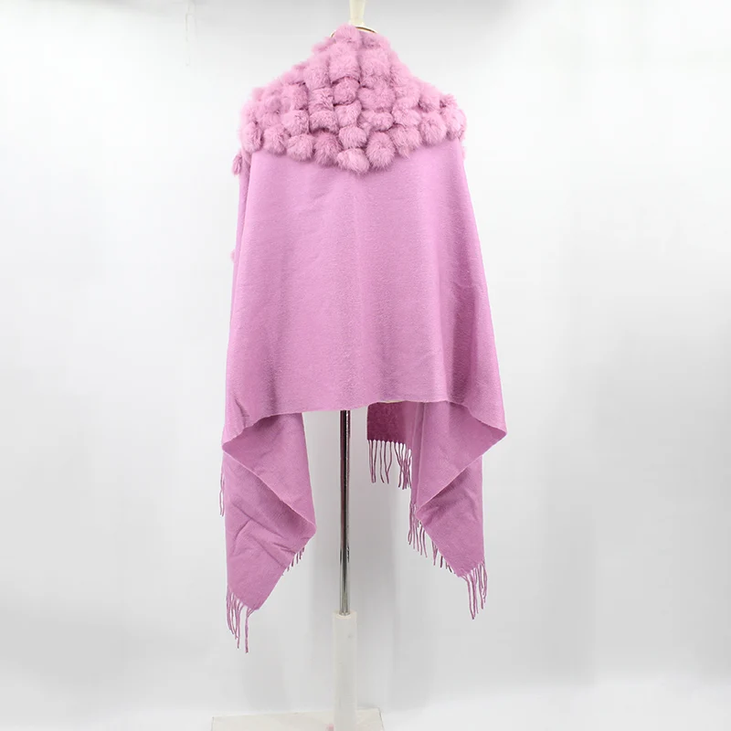 100% sheep fur cashmere shawl with real rabbit fur balls (2)