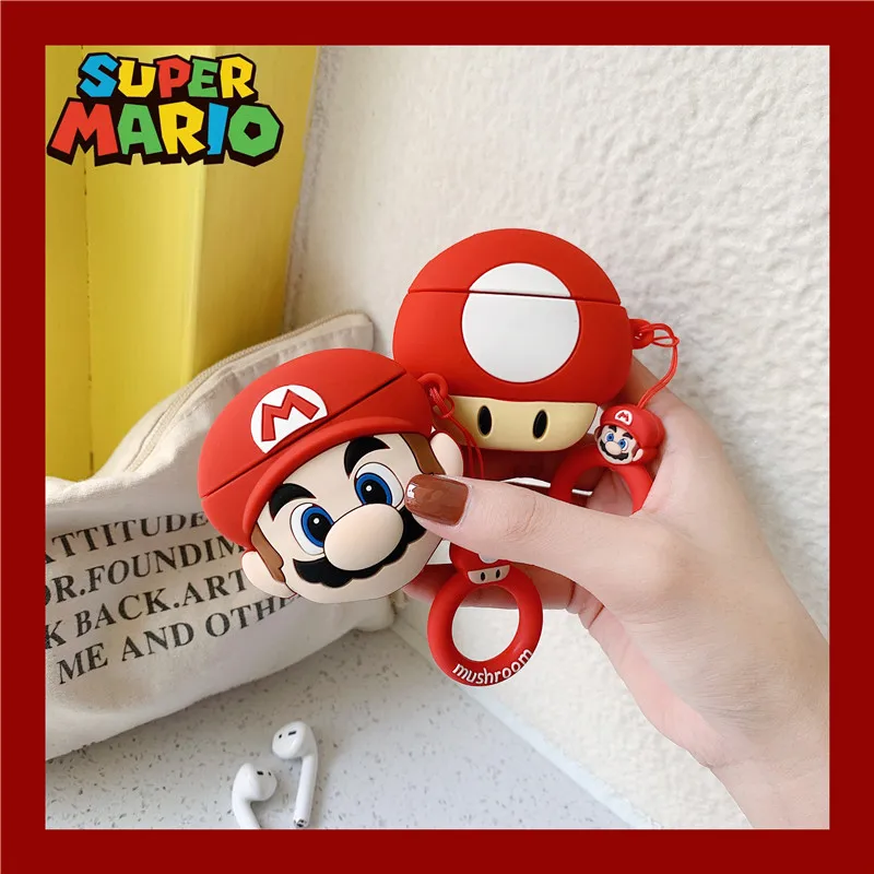 

3D Cute Mario Bros Toad Mushroom Headphone Cases For Apple Airpods 1 2 Cartoon Silicone Earphone Cover With Anti-lost Ring Rope