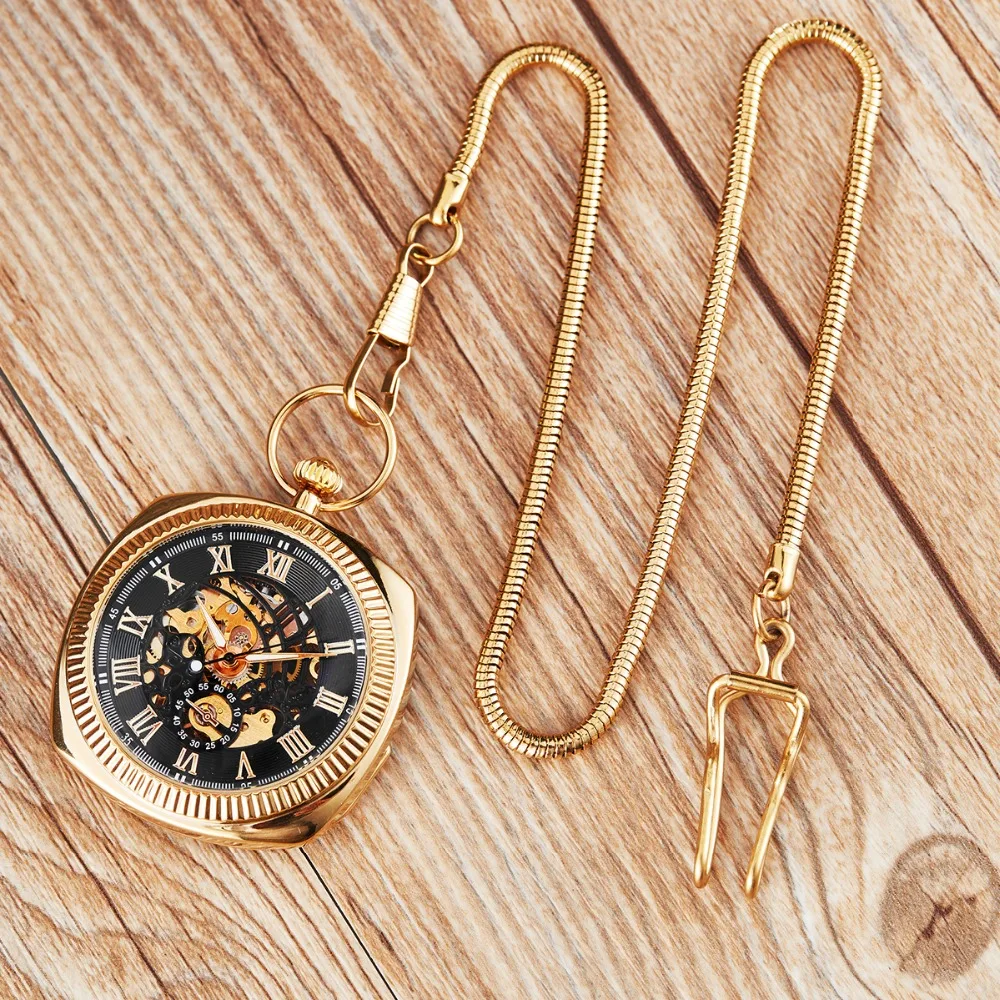 Роскошные Механические карманные часы уникальная квадратная коробка Римские цифры скелет брелок часы стимпанк