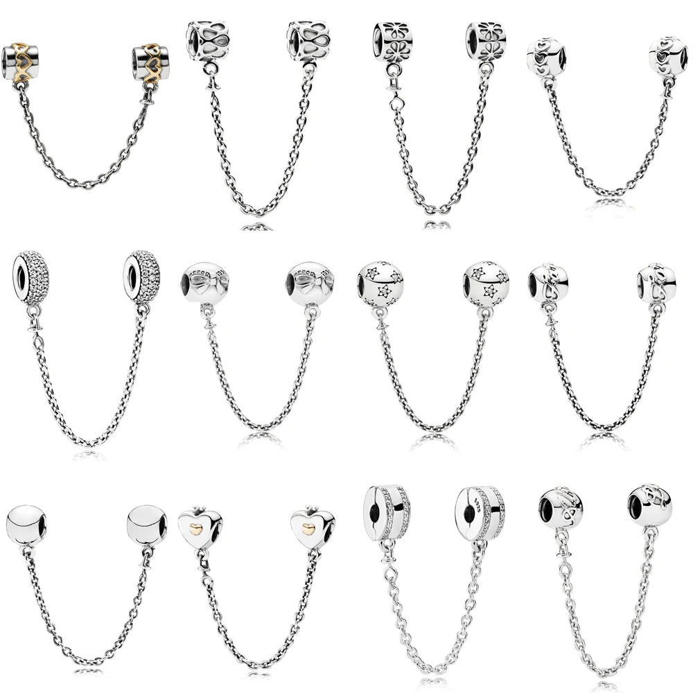 

100% Real 925 Sterling Silver Cute Heart Flower Lovely Safety Chain Beads fit Charms Bracelet Fine Jewelry Gift