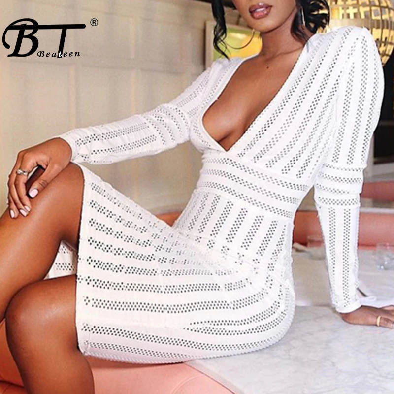 

Beateen 2019 New Arrival Long Sleeve White Bandage Dress Deep V Hollow Out Sexy Club Party For Women