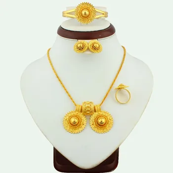

JH 2019 New African Ethiopian Charm Bridal Big Dubai Gold Necklace Jewelry Sets Luxury Brand Wedding Accessories For Women Gifts