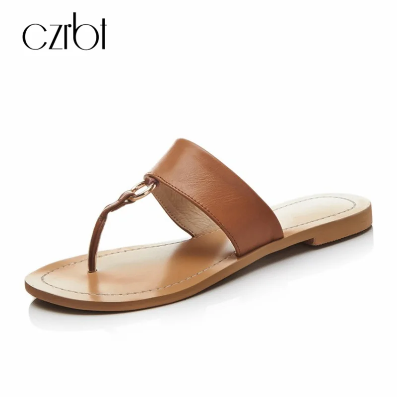 

CZRBT T-strap Flip Flops Women Summer Shoes Slippers Genuine Leather Handmade Big Size Sandals Shoes Ladies Flats Casual Shoes