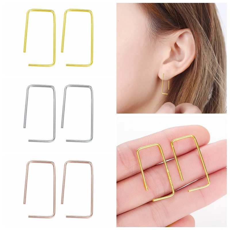 

QIMING Ear Pin Staple Rectangle Earrings Women Female Minimalist Jewelry Ear Cuff Hoops Korean INS Style Retro Hoop Earrings