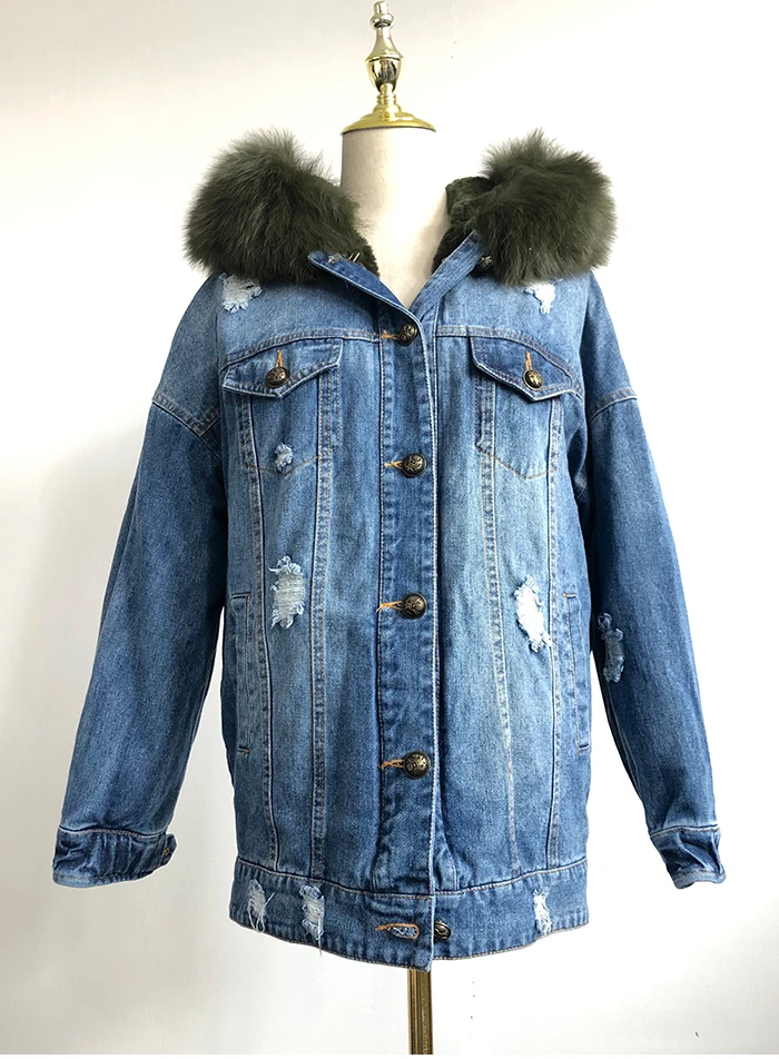 Women Denim Jacket With Fur hood Women Autumn Winter Denim Jacket Warm Upset Jacket Vintage Long Sleeve Loose Jeans Coat Outwear