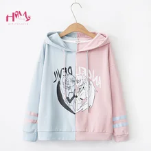 Харадзюку Готический каваи толстовки Японский милый Аниме Комикс Ангел Дьявол пуловер Мори девушка прекрасный Графический уличный черный розовый Свитшот