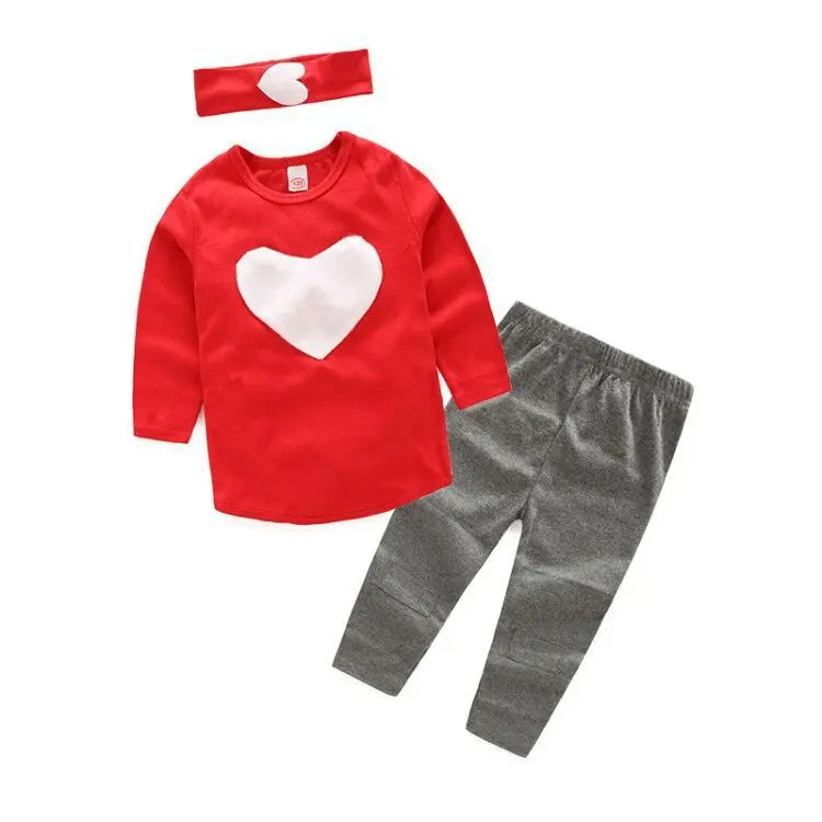 

Girls Clothes Korean Love Heart Long Sleeved T-shirts Tops + Gray Leggings + Headband Children Clothing Kids Bebes Jogging Suits
