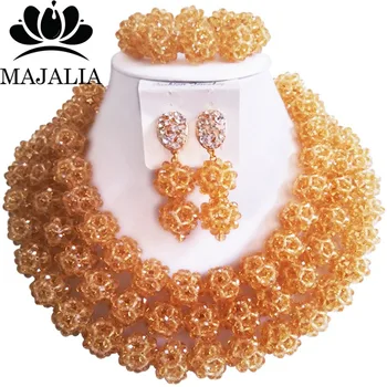 

Majalia Fashion Nigeria Wedding African Beads Jewelry Set Gold Champagne Crystal Necklace Bridal Jewelry Sets 3CZ008