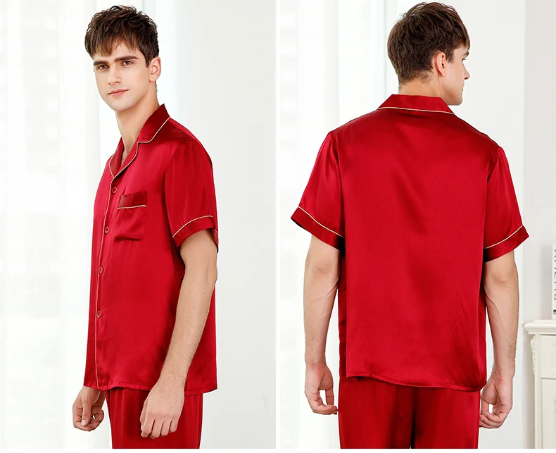 2xl Мужские пижамные комплекты шелк 2019 человек лето сплошной цвет синий красный с короткими рукавами длинные штаны пижамный комплект пижамы