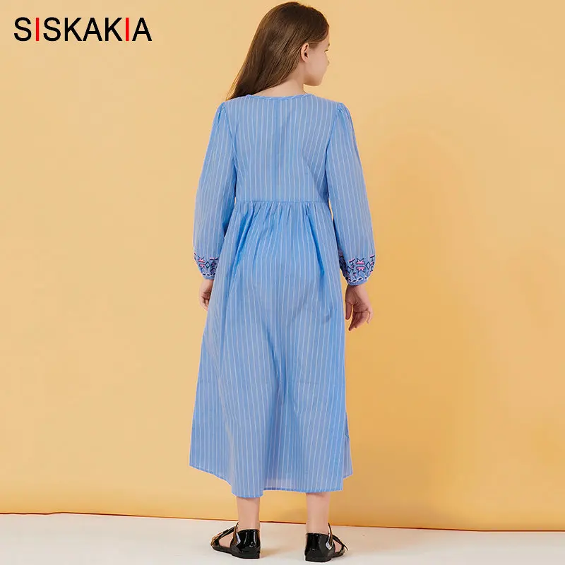 Mother and Daughter striped Embroidery Long Dress Muslim Parent Child Girl Casual Dresses Long Sleeve Plus Size Autumn Blue