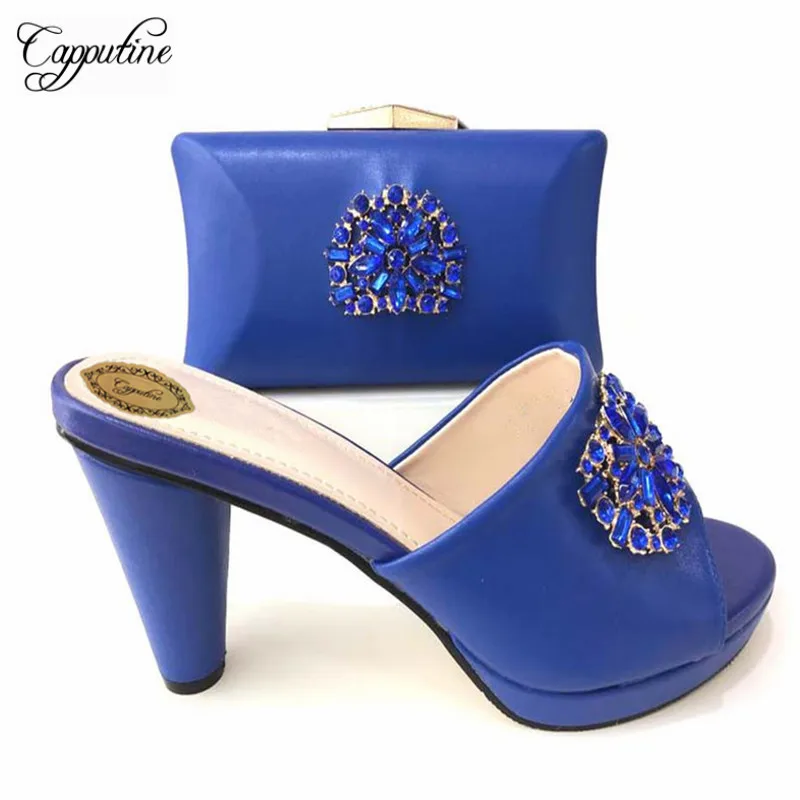 

Capputine Iatlian PU Leather Slipper Blue Shoes And Bag Set African High Heels Shoes And Bag Set For Dress Party Size 38-43