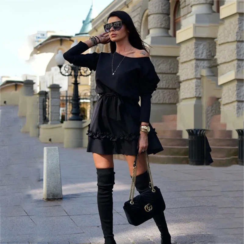

New S-2XL Europe Style Women Dress A-line Office Lady Sweet Temperament Spring Autumn Solid Mini Dress High Quality FR11