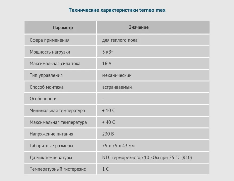 Terneo mex - электрический, механический регулятор температуры для теплого пола и датчик температуры пола (терморегулятор совместим с рамками