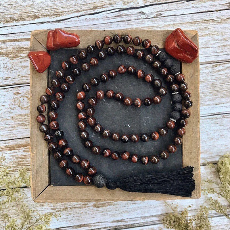 

Red Tigers Eye & Lava Stone Mala Necklace 108 Mala Beads Knotted Necklace Black Tassel Necklace Collar Mujer