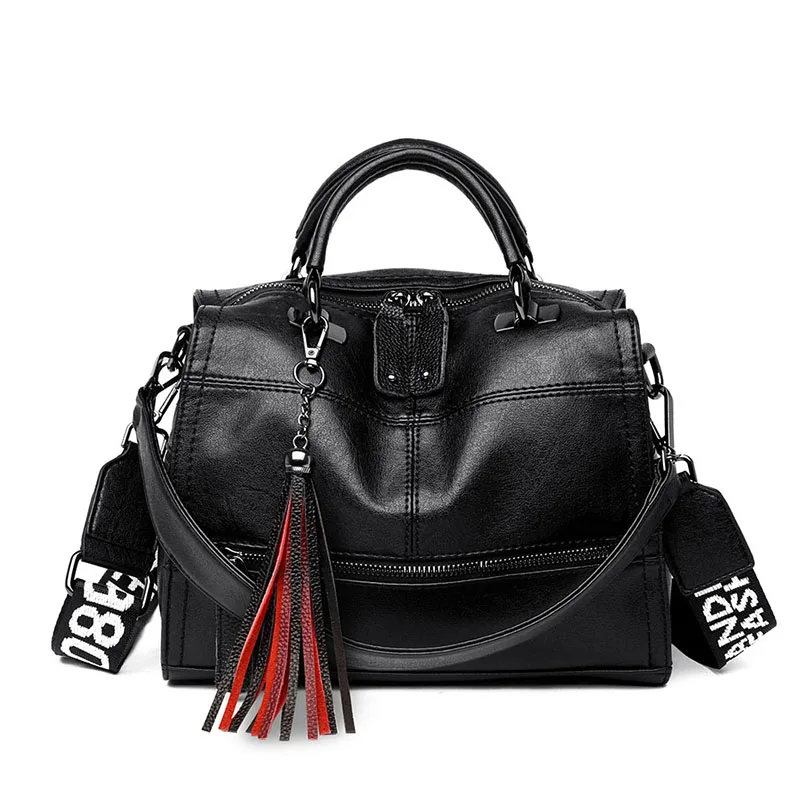 Wide Shoulder Strap Retro Women Handbags High Quality Leather Ladies Shoulder Bags Brand Tassel Lux - 33009969857