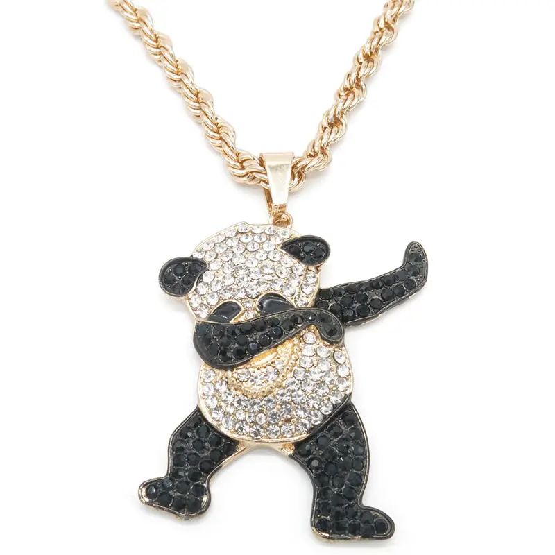 

Exotic Black and White Rhinestone Inlaid Hip Hop Dancing Panda Pendant Gold Color Metal Chain Necklace Men's Party Jewelry