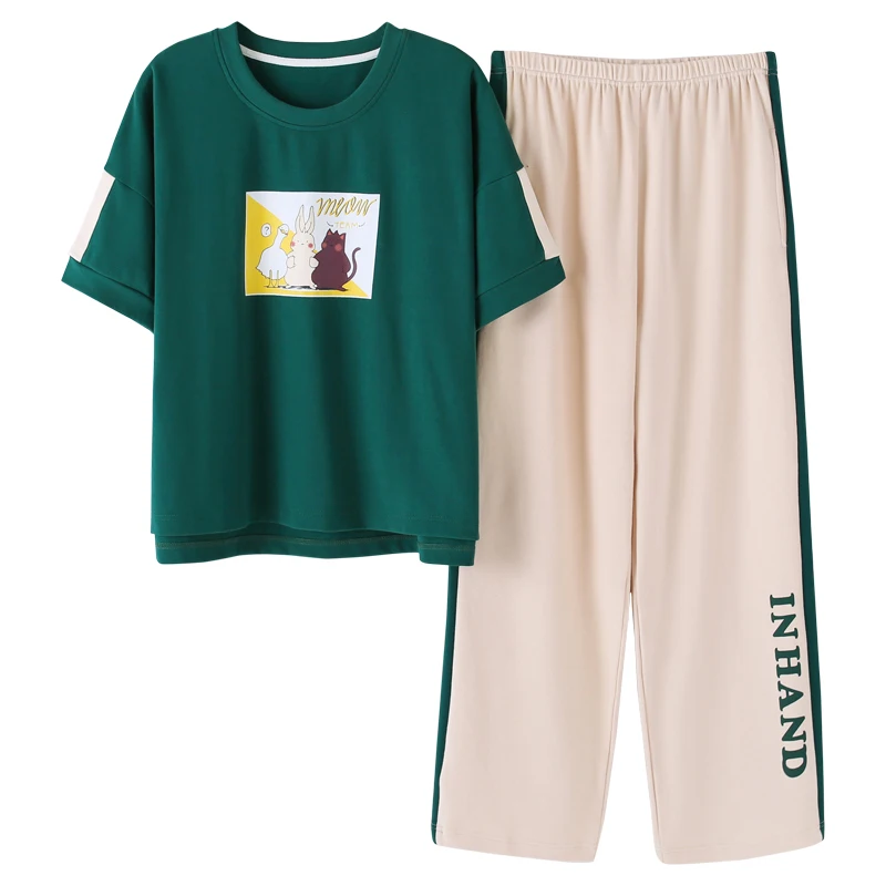 

Summer Pajamas For Women Short Tops+Long Pants 2Pieces Set Sleepwear Cartoon Casual Big Size M-XXL Ladies Pyjamas Nightwear