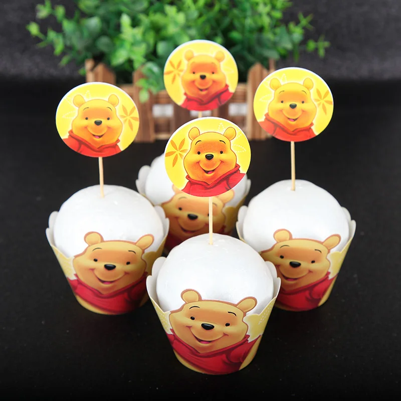 24pcs Winnie Cupcake Wappers Cake Decorations Cake Topper Set for Winnie Gender Reveal Baby Shower Birthday Party Supplies