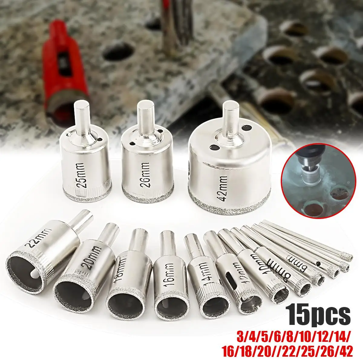 15PCS/Set 3 42mm Marble Drill Bits Diamond Hole Saw Cutter Tool For