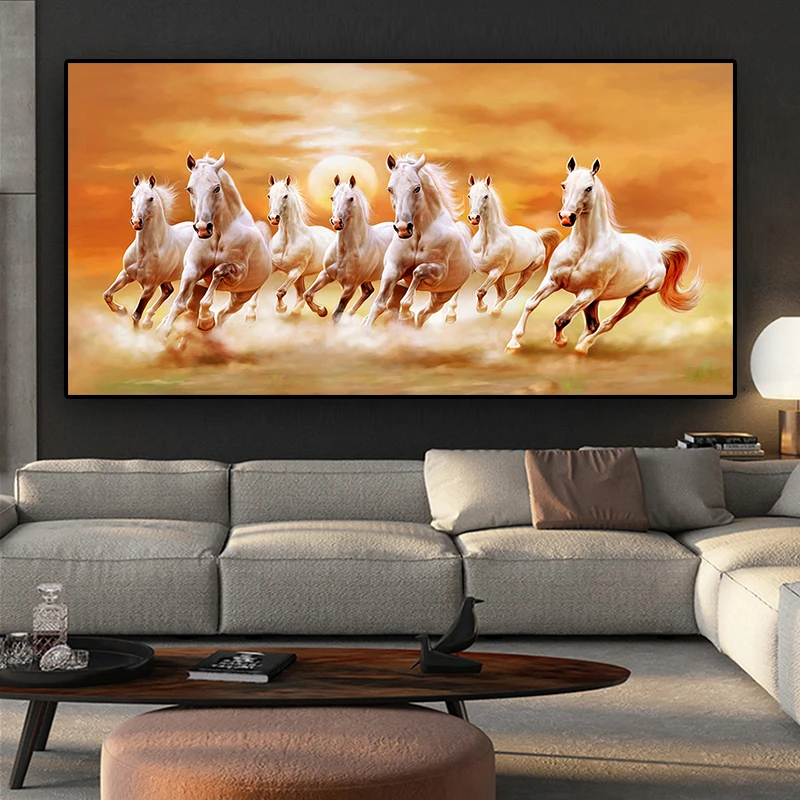 

Big size Artistic Animal Seven White Horse Oil Painting on Canvas Posters and Print Modern Wall Painting For Living Room Cuadros