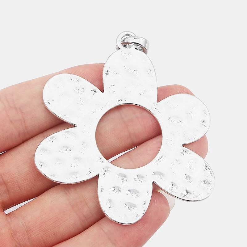 2pcs Hammered Large Round Hollow Flower Charms Pendants Fit DIY