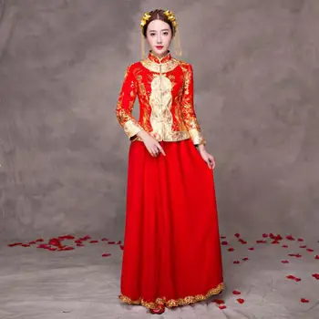 

Classic Chinese Women Wedding Dress Red Sequins Cheongsam Oriental Female Toast Clothing Vintage Qipao Vestidos Evening Gowns