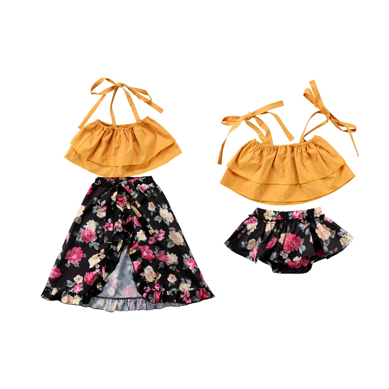 

Pretty Sweet Sister Matching Outfits Toddler Baby Girls Sleeveless Belt Yellow Tops Floral Print Skirts 2PCS Outfit Summer Party