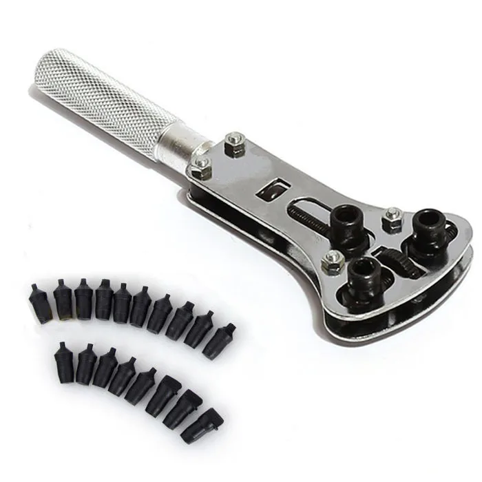 Silver Stainless Steel Three Prong Watch Case Screw Back Opener Adjustable Wrench Repair Tool Kit Case Set