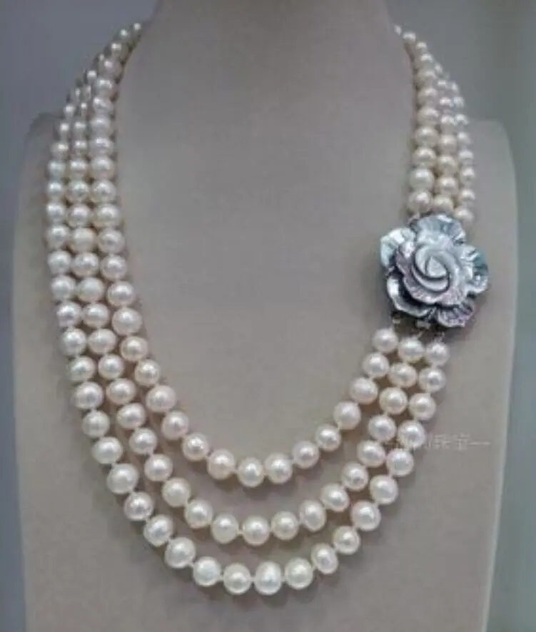 

Free Shipping >>>>>triple strands south seas 8-9mm white pearl pearl necklace18-22inch