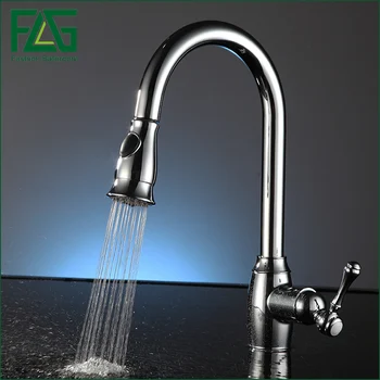 FLG Pull Out Kitchen Faucet, Chrome Finished Sink Mixer Tap, Copper Single Handle Vessel Sink Kitchen Faucets kitchen faucets single handle pull out rotate swivel kitchen tap sink faucet brass sink mixer tap