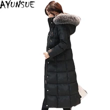 AYUNSUE, роскошная Большая Меховая куртка с лисьим мехом, утиный пух, Женская парка, длинная, тонкая, с капюшоном, с перьями, пальто для женщин, Chaqueta Plumas Mujer LX805