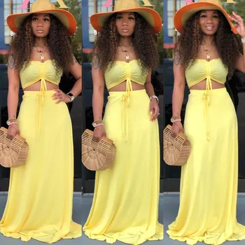 

2019 Sexy Tie Up Two Piece Set Strapless Crop Top And Maxi Dress Women Set Casual Beachwear Skirt Suit