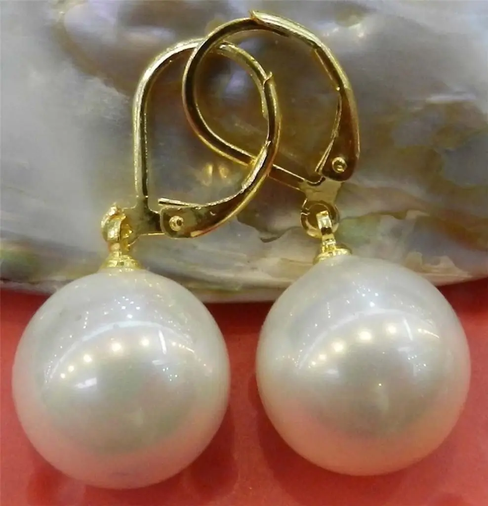 

FREE SHIPPING>>> Beautiful 14mm White Shell Pearl Round Beads Dangle Earrings AAA GradeNoble style Natural Fine jewe fast SHIPPI