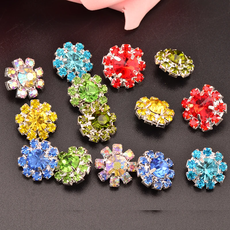 

Small Rhinestone Buttons Sew On Flower Center 15MM 100pcs/lot Shank Back Silver Color