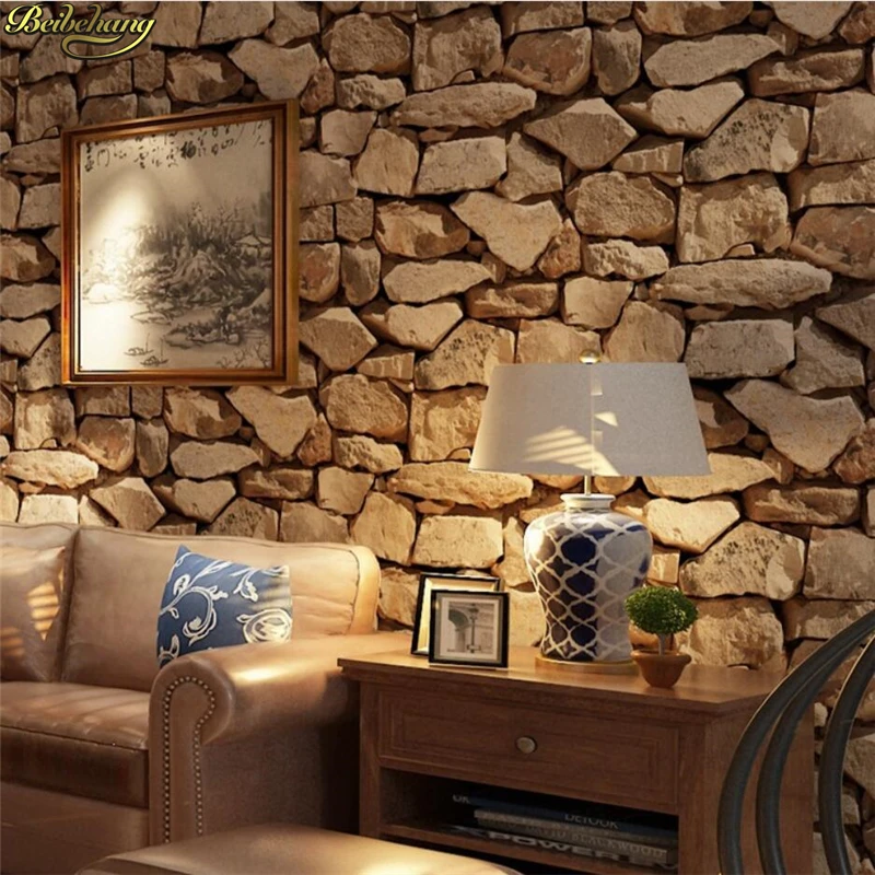 beibehang Waterproof 3D Stone Effect Wallpaper Roll Modern Rustic Realistic Faux Stone Texture Vinyl PVC Wall Paper Home Decor