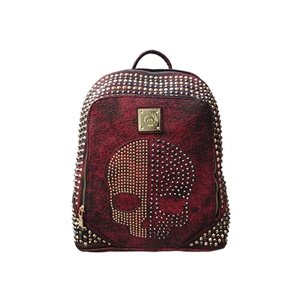 Unisex Skull Backpack Women Men Rivets Leather Backpack for Teen Girl Shoulder Bags Casual Travel Punk Backpack Couple Bags - Цвет: Wine red 27x23x12cm